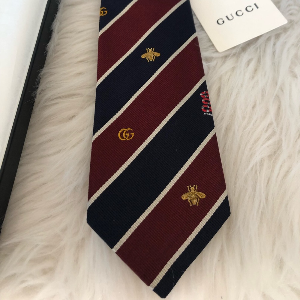 Gucci Men’s Bordeaux And Blue Symbols Motif Silk Tie